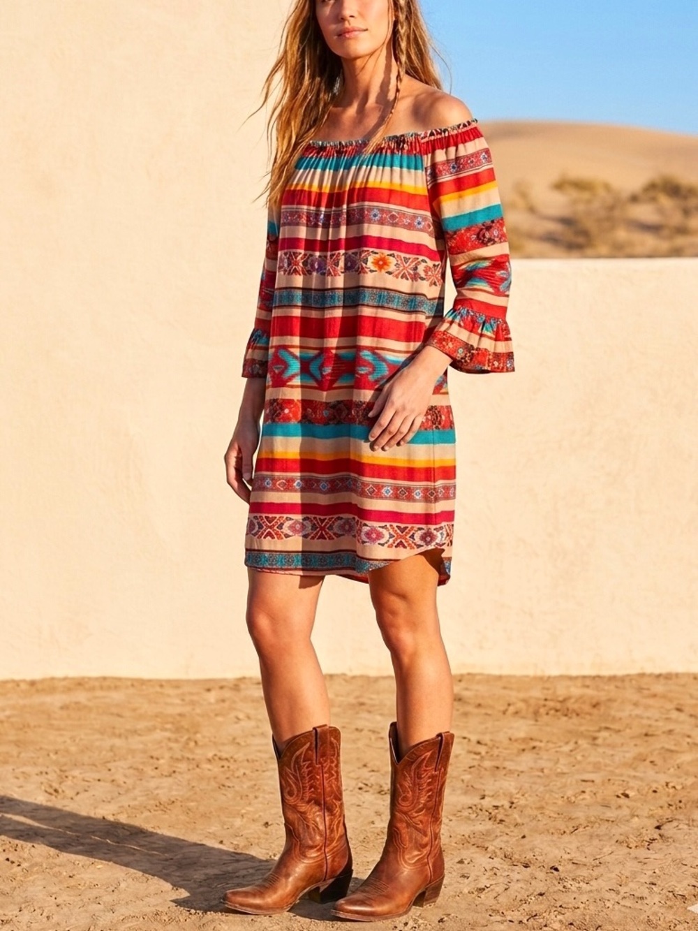 Scully Serape Aztec Peasant Southwestern On/Off-Shoulder Stretch Dress Size M